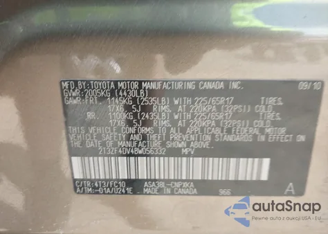 2011 Toyota Rav4 из США, поврежденный, VIN 2T3ZF4DV4BW056332